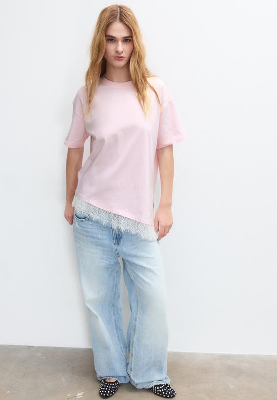 ksa kollu dantelli etek ucu t shirt