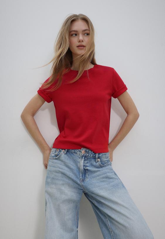 Stradivarius Βασική Μπλούζα Regular Fit Heavy Weight Κόκκινο S
