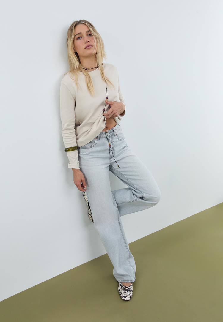 Stradivarius Βασική Βαμβακερή Μπλούζα Κανονικής Γραμμής Πέτρα S