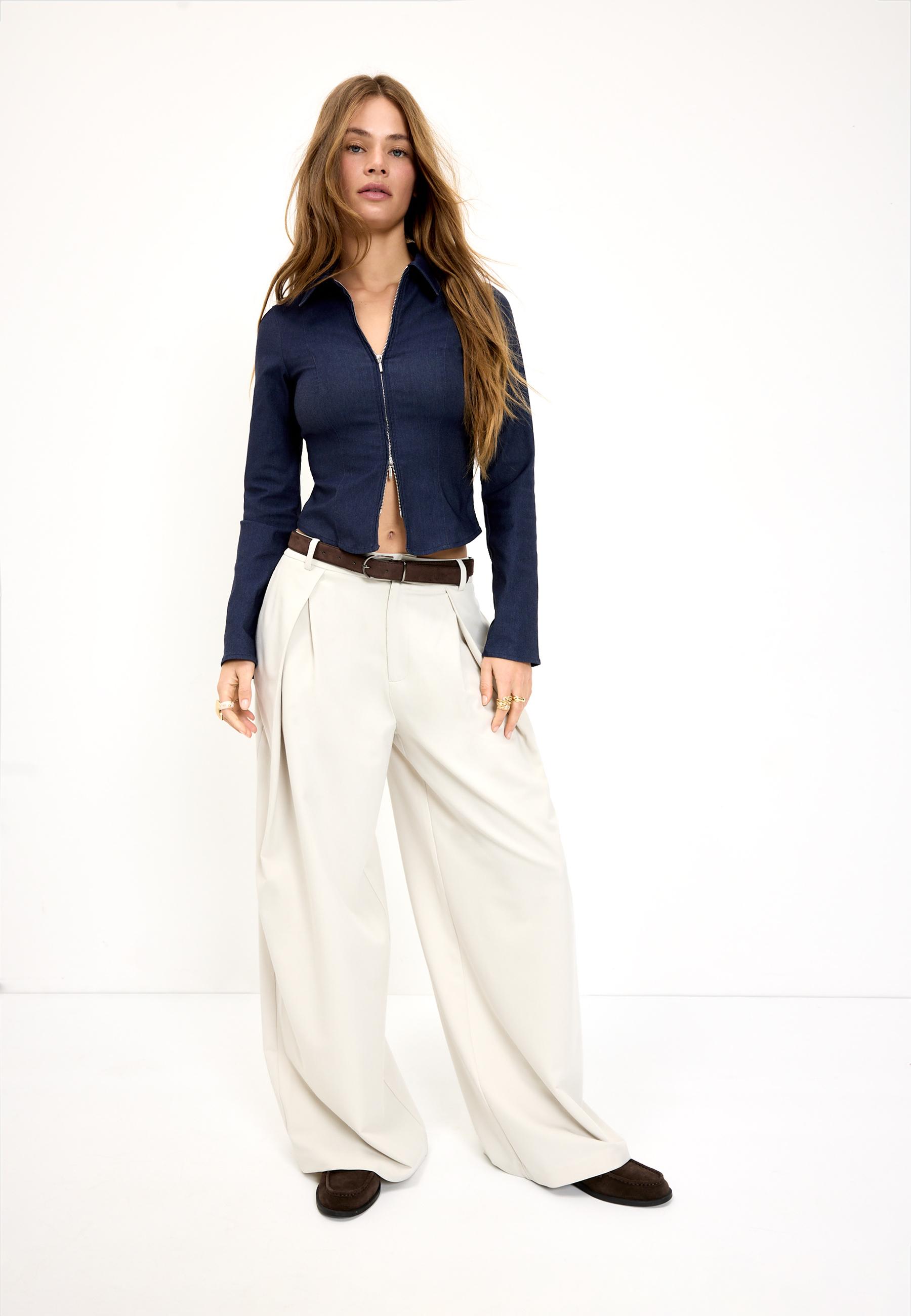 Vücuda oturan çift fermuarlı denim bengalin gömlek - Görsel 10