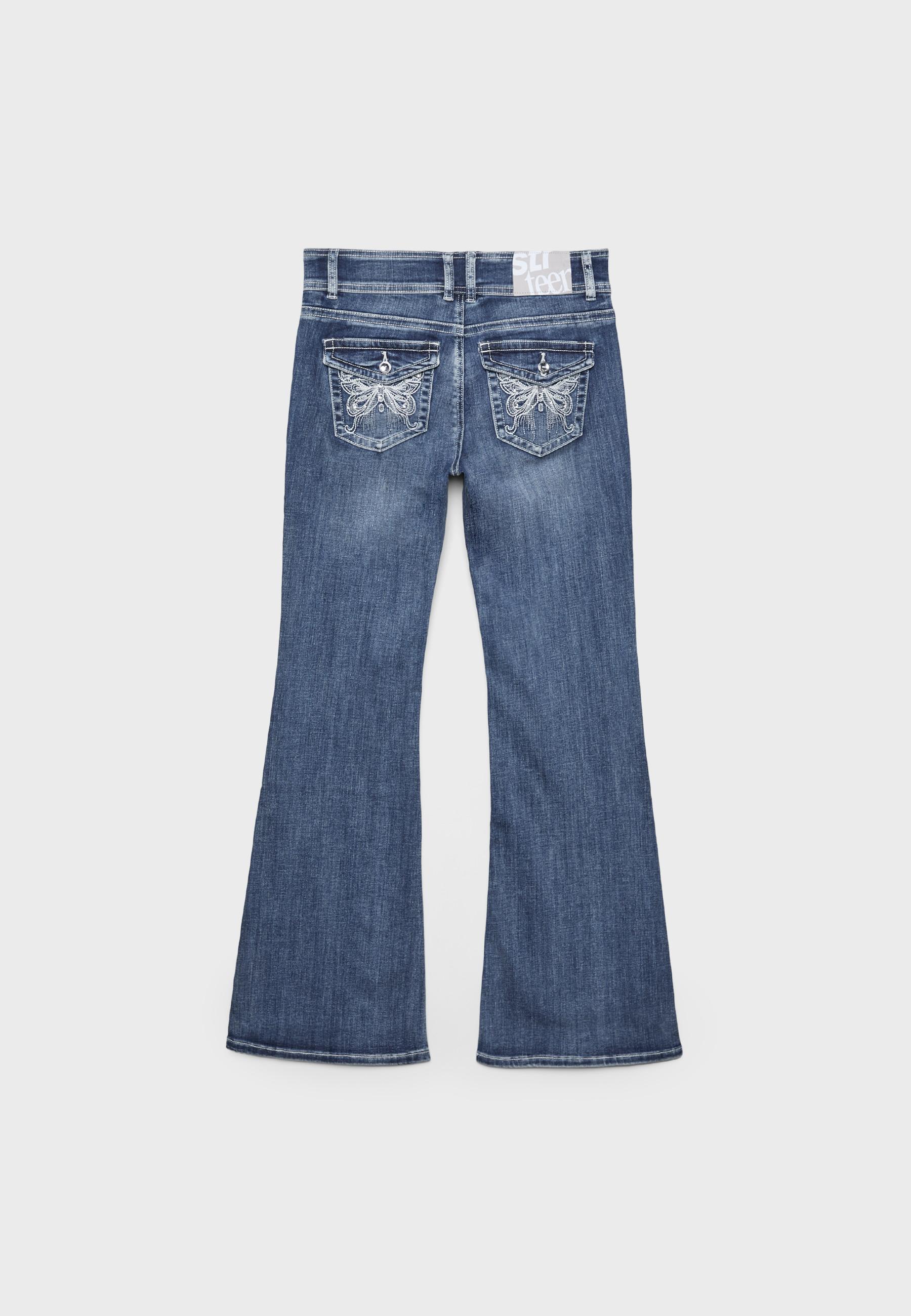 Embroidered pocket bell bottom jeans — MEDIUM LIGHT BLUE DENIM
