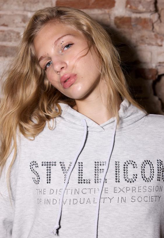 Stradivarius Hoodie With Rhinestones Grey Melange S