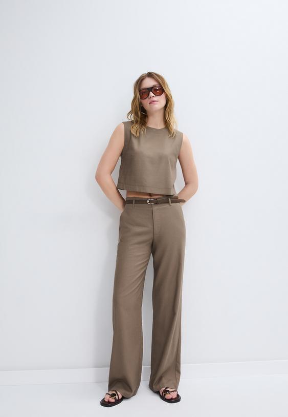 pantalon recto efecto lino cinturon