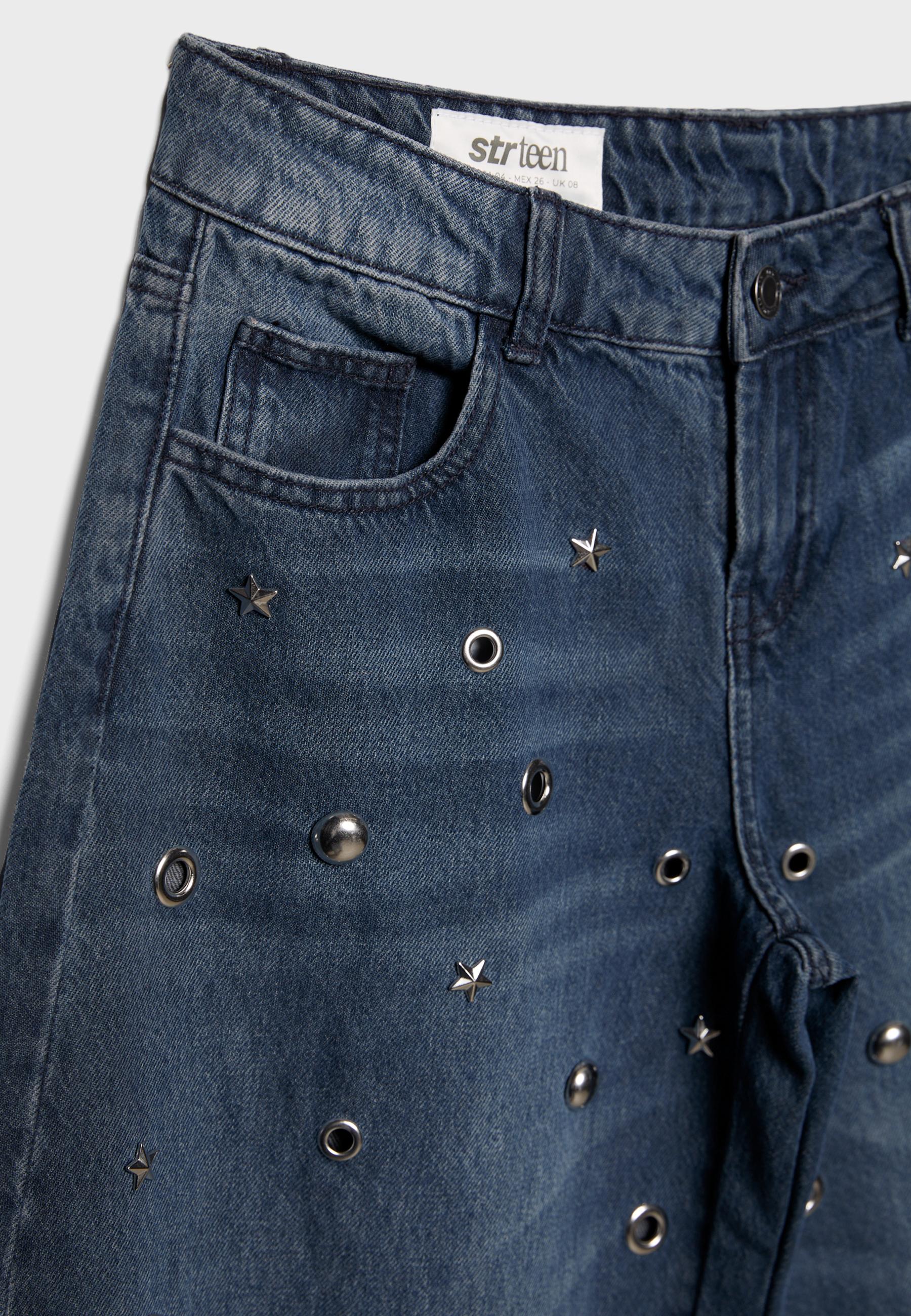 Barrel jeans with eyelets — BLACK DENIM WASHED EFFECT