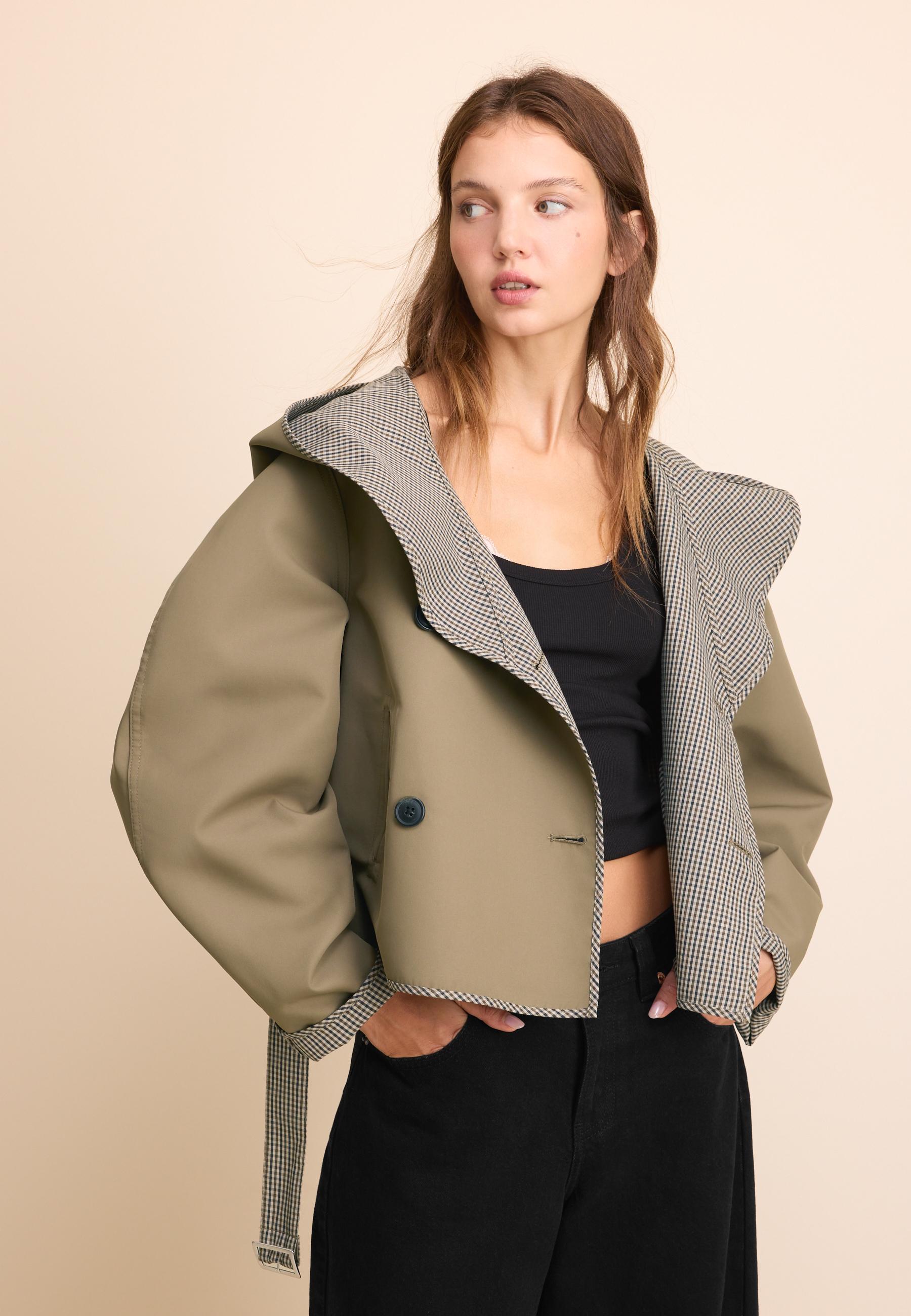 Short reversible check trench coat - Women's fashion