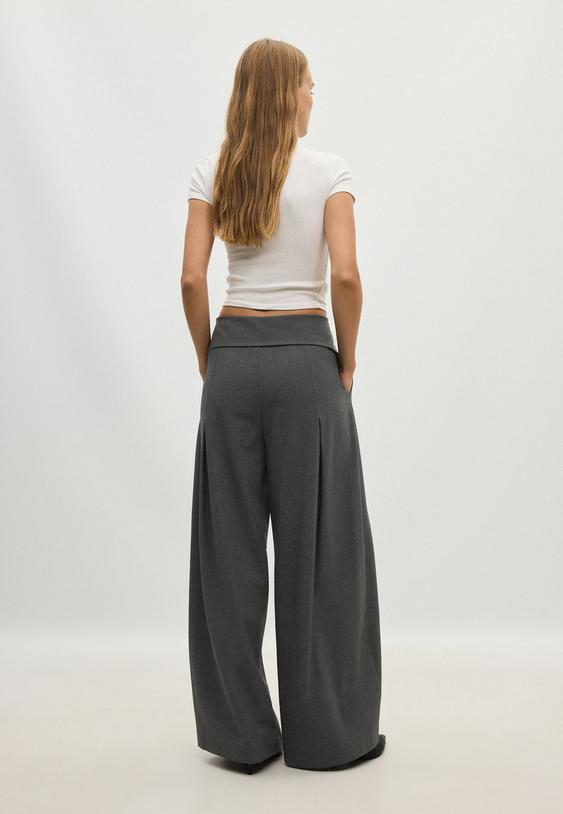 Stradivarius Folded Waistband Wide-Leg Trousers Dark Grey 14
