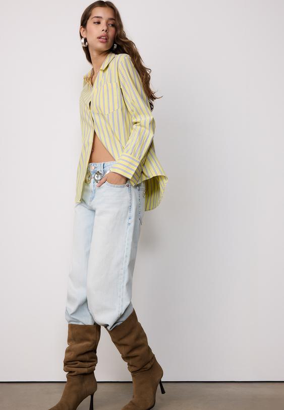 Stradivarius Basic Striped Poplin Shirt With Pocket Pastel Yellow L