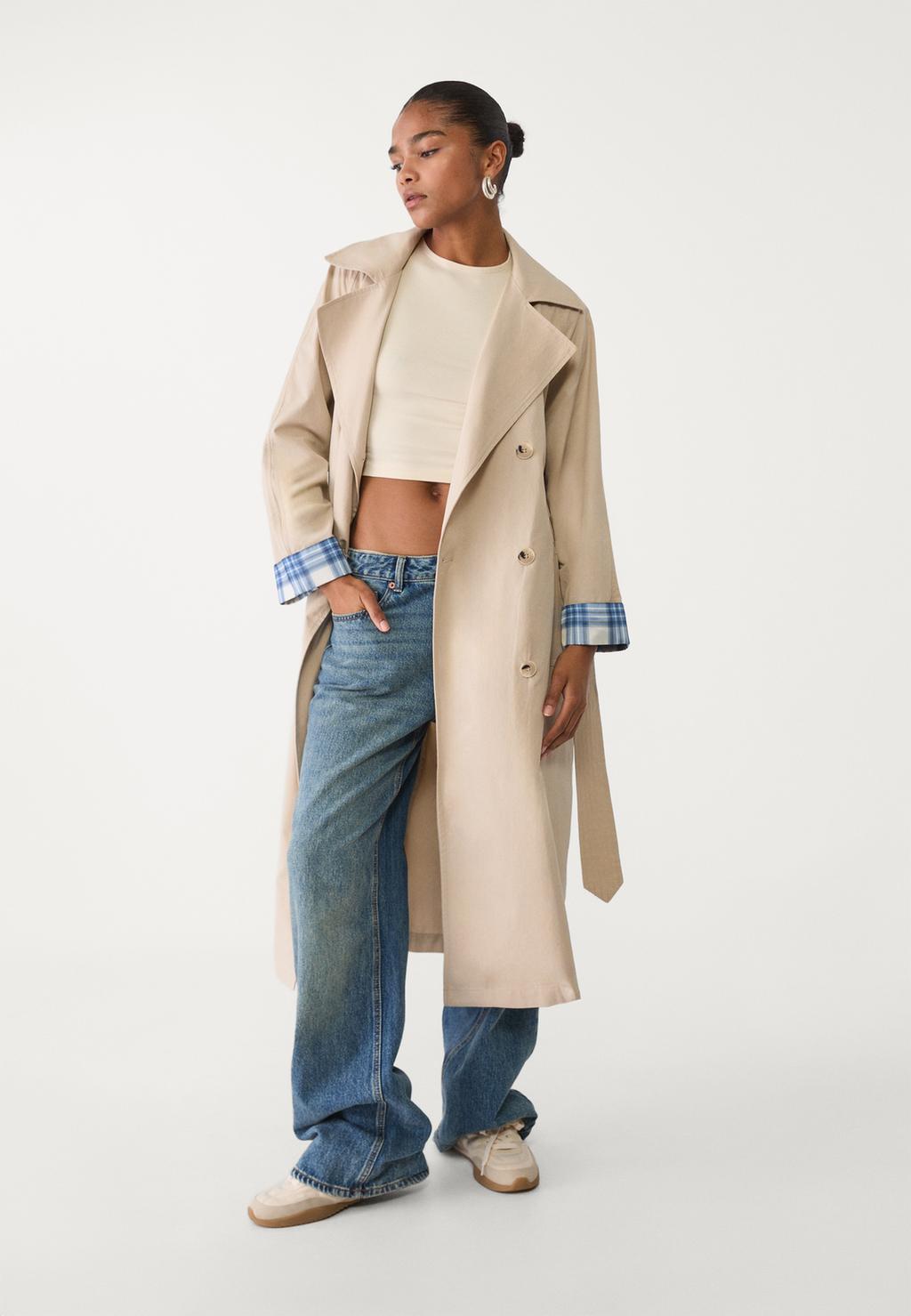 Long check trench coat with turn-up detail