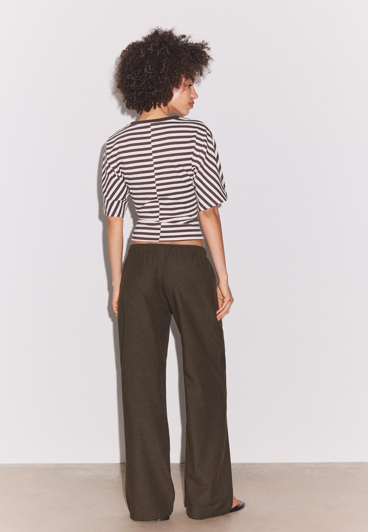 Linen-effect drawstring trousers — Brown