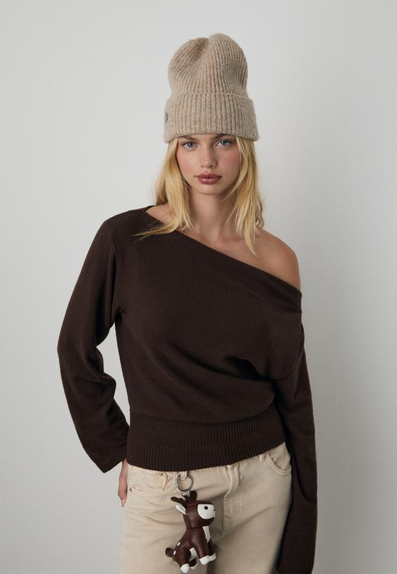 Stradivarius Boat Neck Knit T-Shirt With Sash Belt Brown M