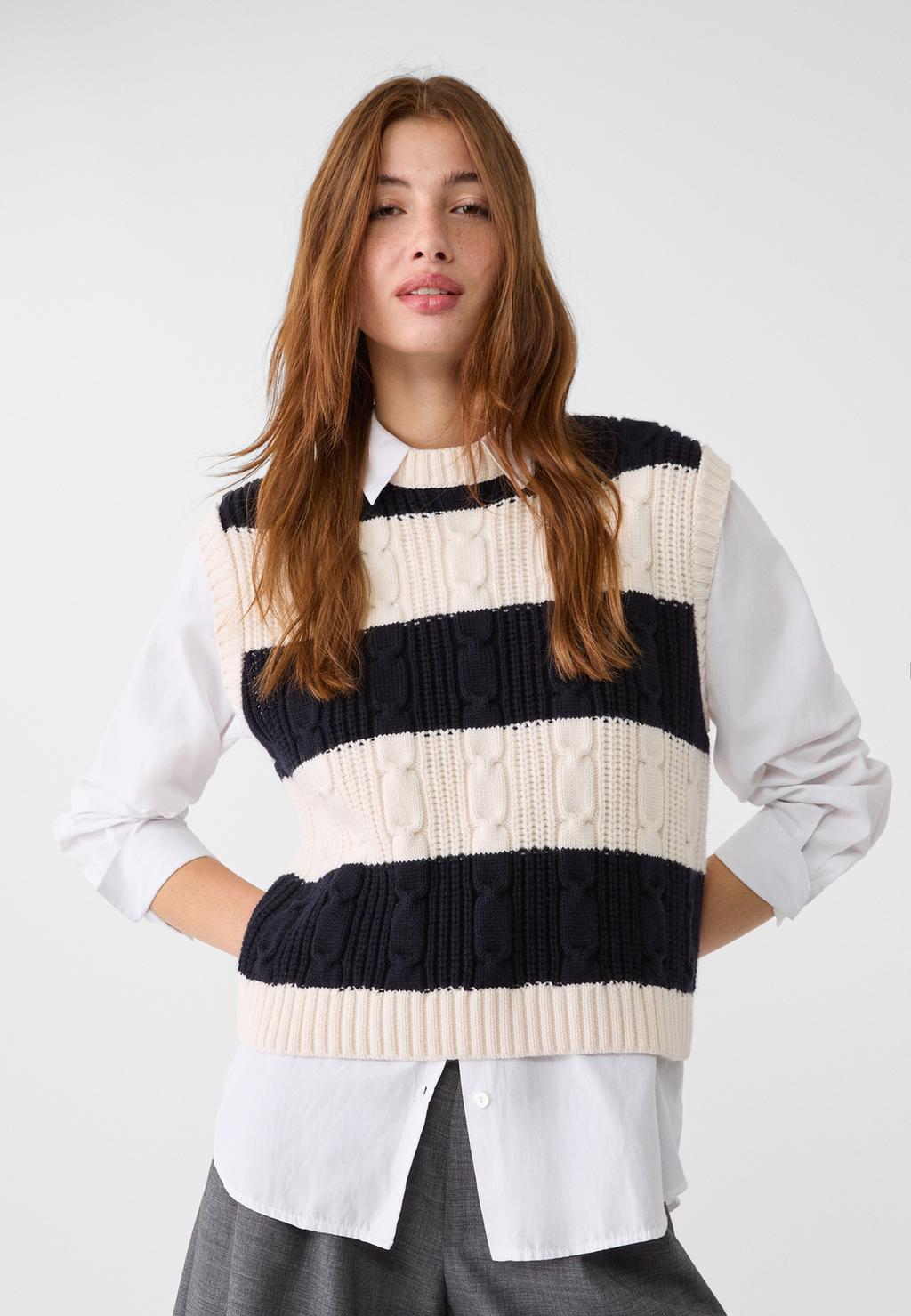 Striped cable-knit vest