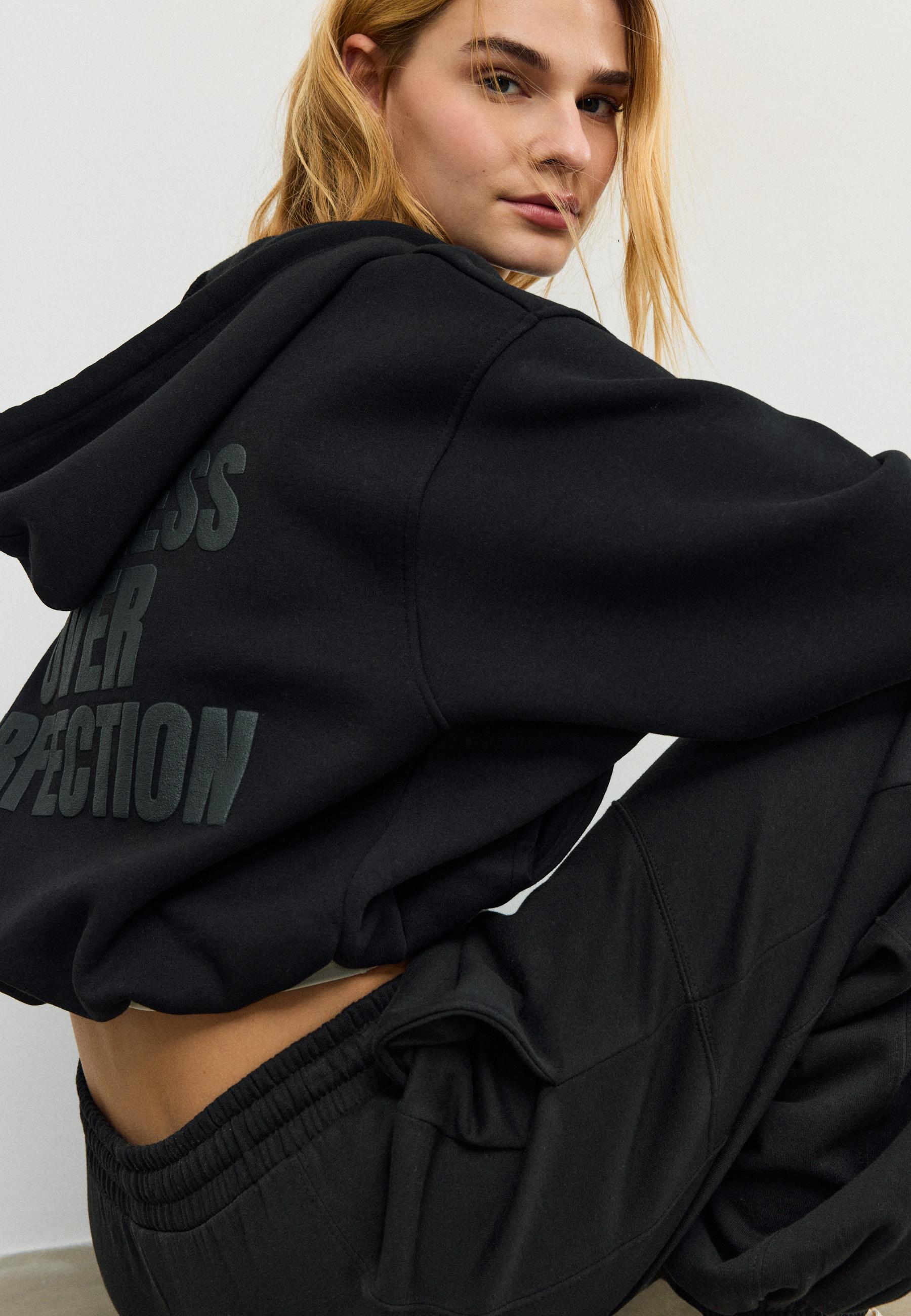 Printed Hooded Bomber Sweatshirt — Black