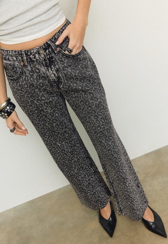 straight wide leg leopard print jeans