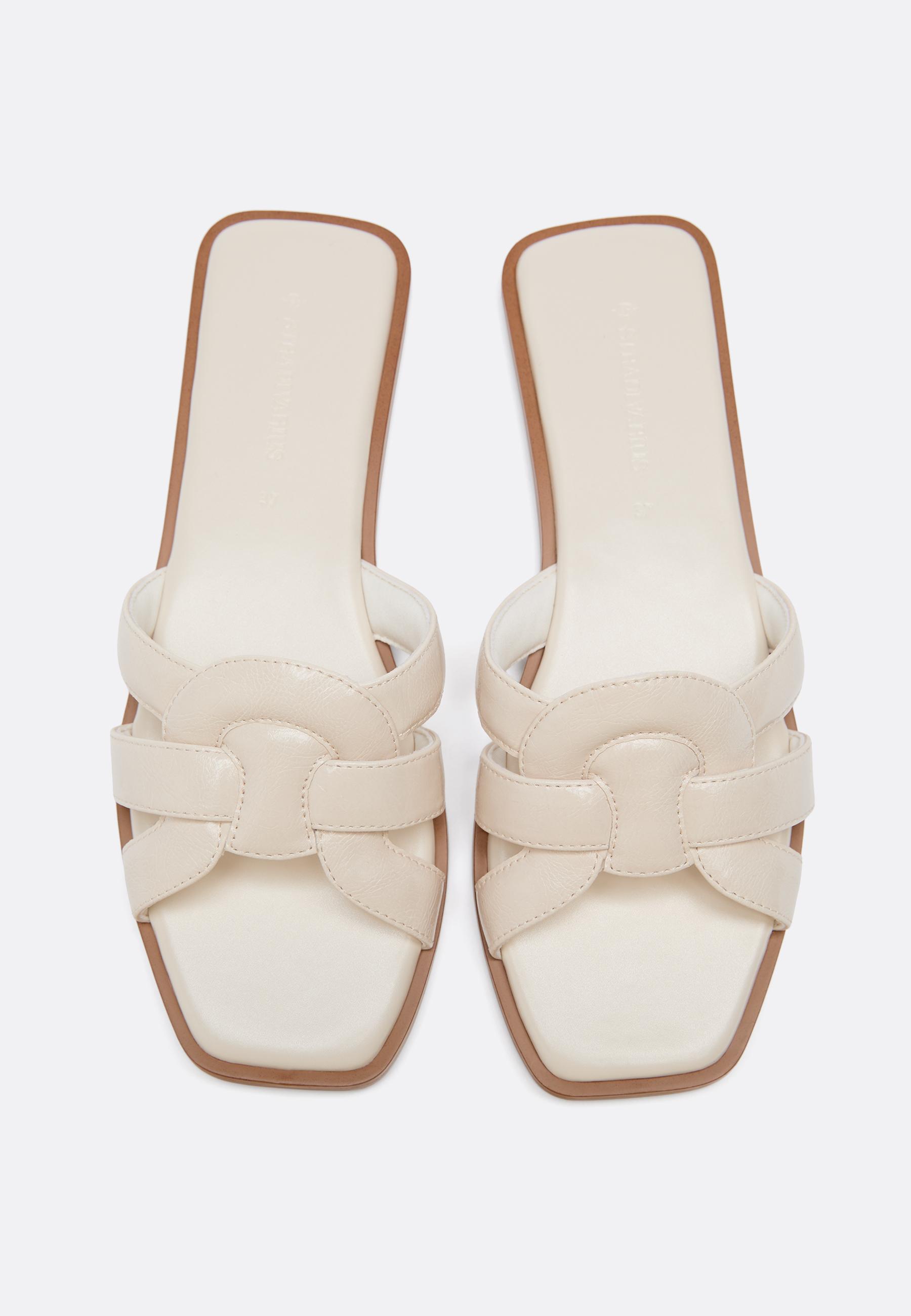 Flat leather effect sandals — ECRU