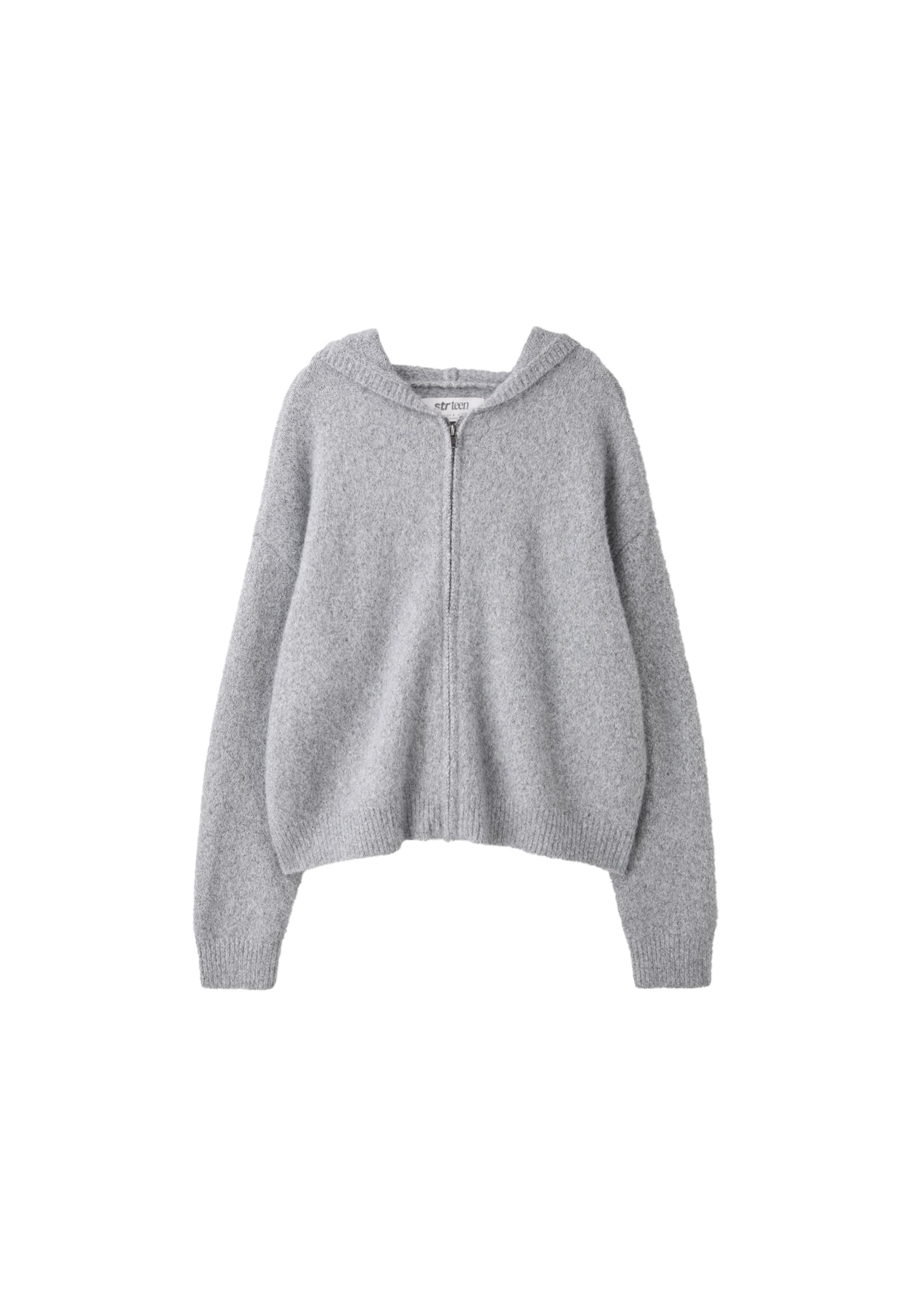 Zipped hooded knit cardigan — Grey melange