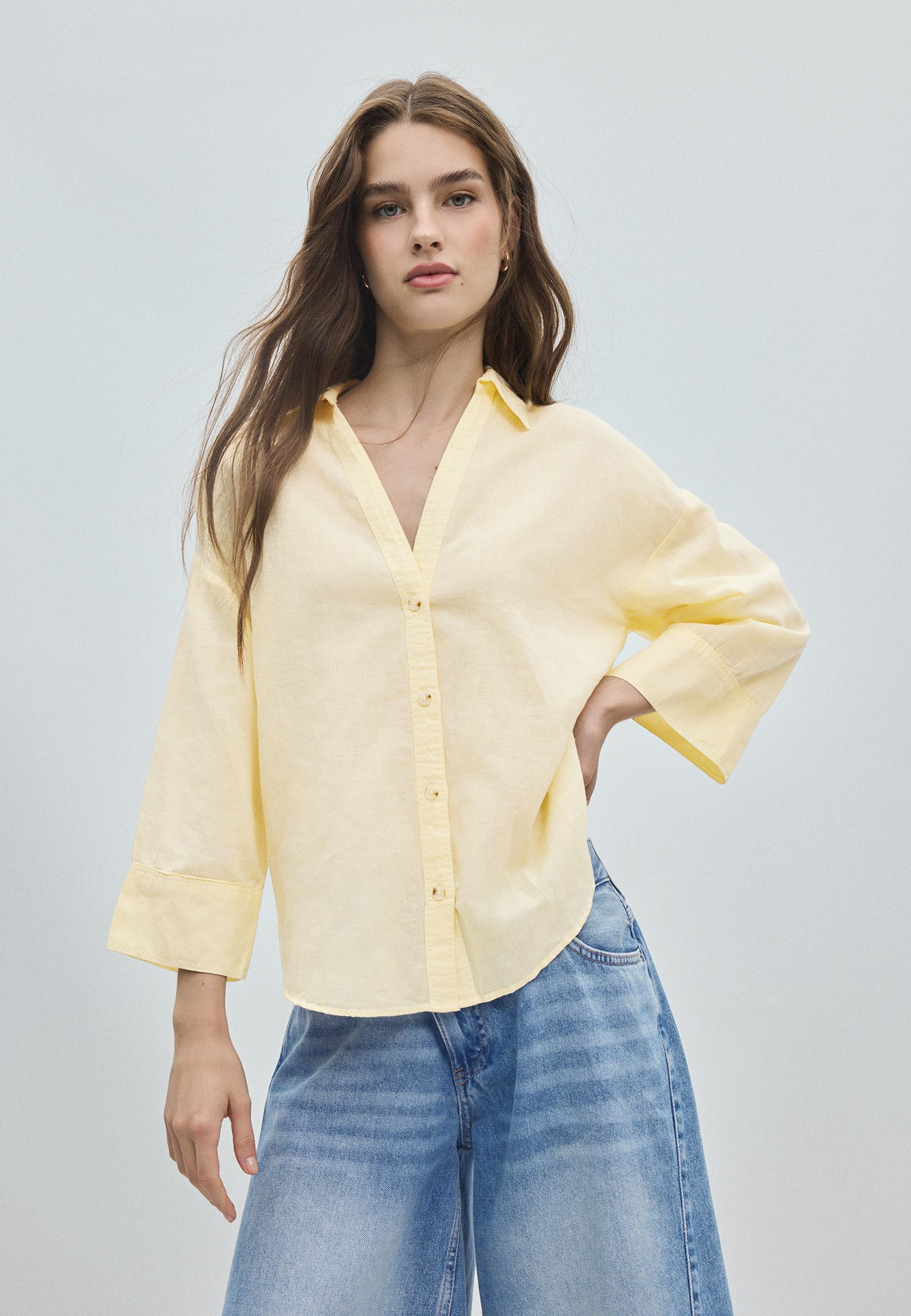 Linen-effect kimono sleeve shirt — Gold