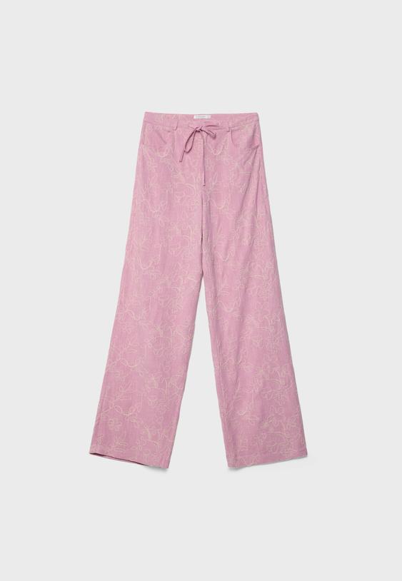Keten karışımlı işlemeli straight fit pantolon_3