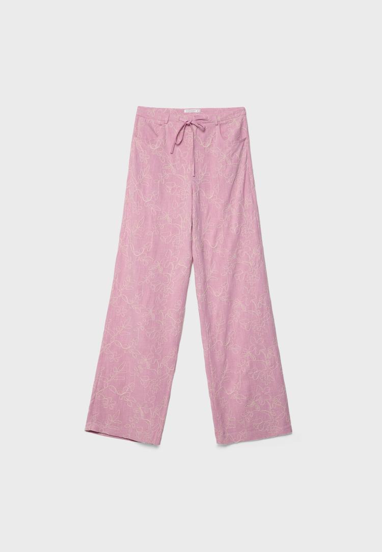 Keten karışımlı işlemeli straight fit pantolon_3