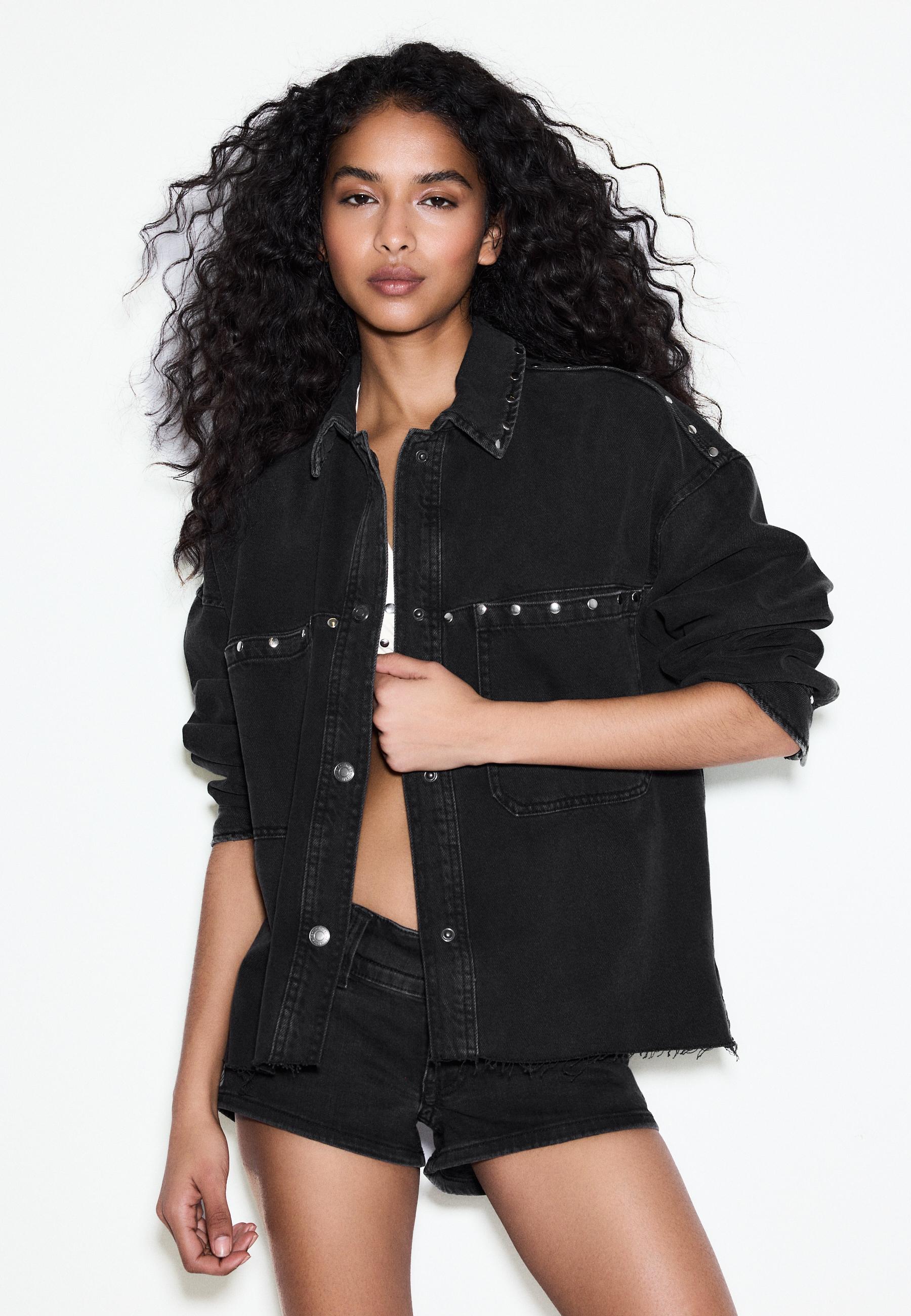 Cropped studded denim overshirt — BLACK DENIM WASH