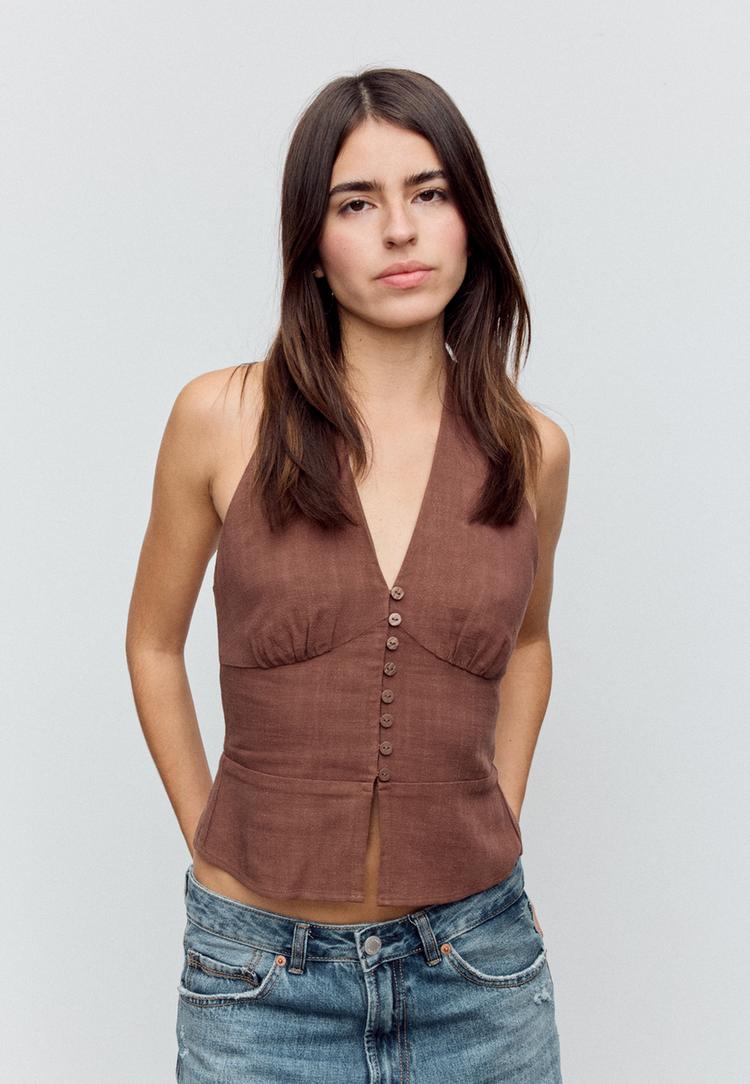 linen blend halter top with buttons