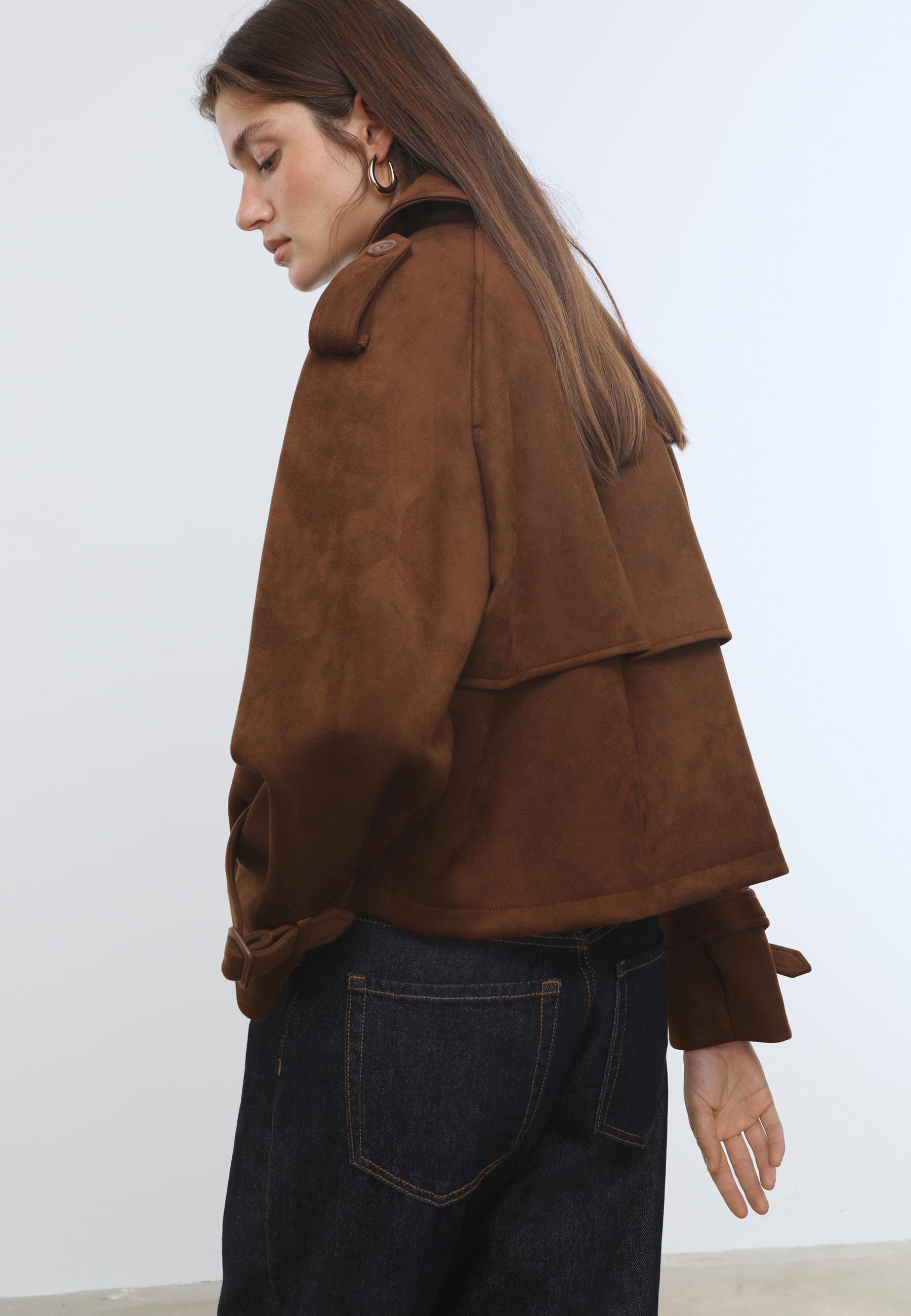 Short faux suede trench coat — Brown