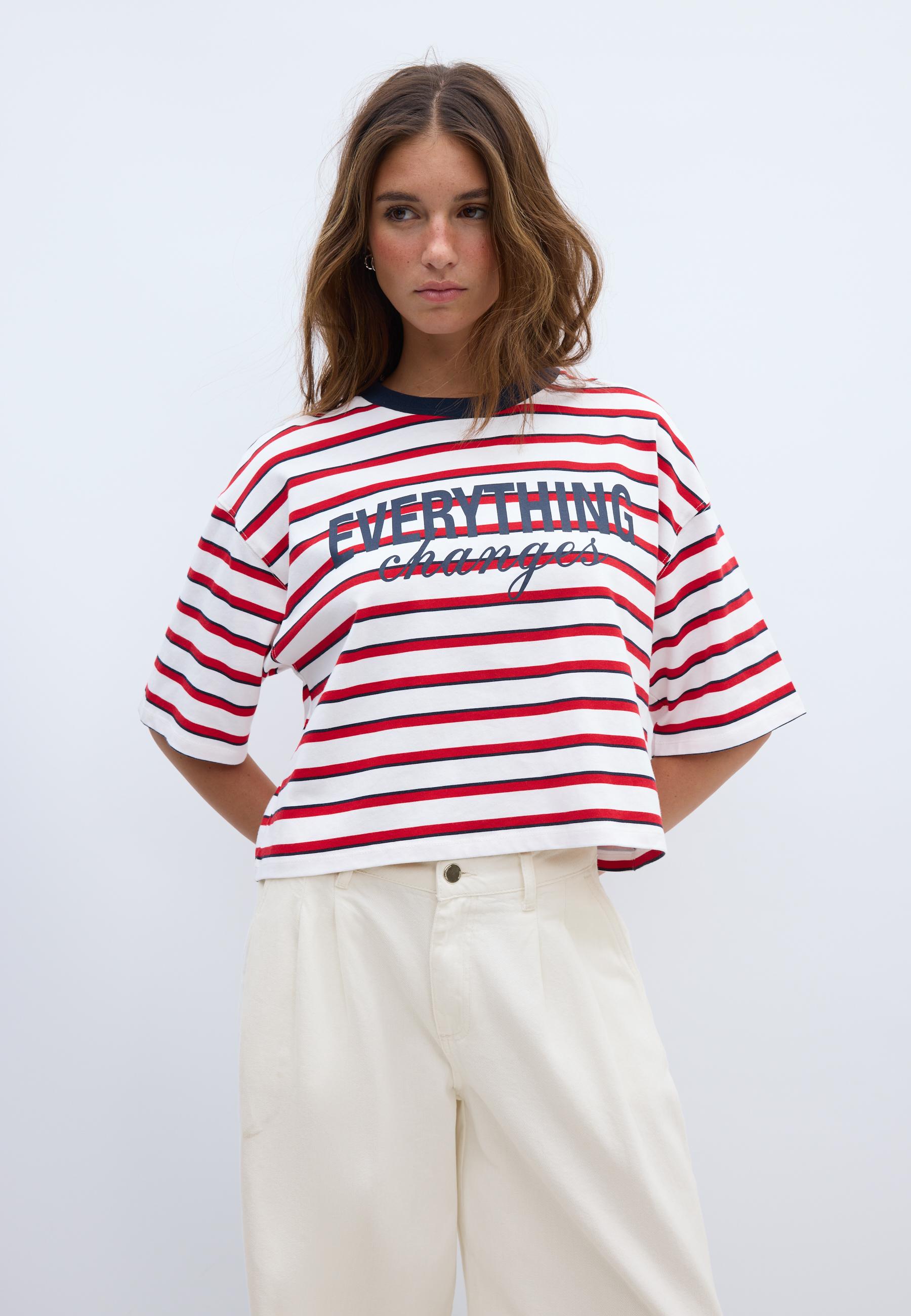 Printed striped short sleeve T-shirt — Red