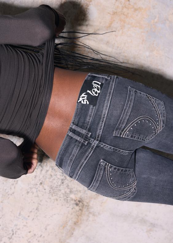 Stradivarius Low-Rise Bootcut Jeans With Studs Black Denim Washed Effect 14