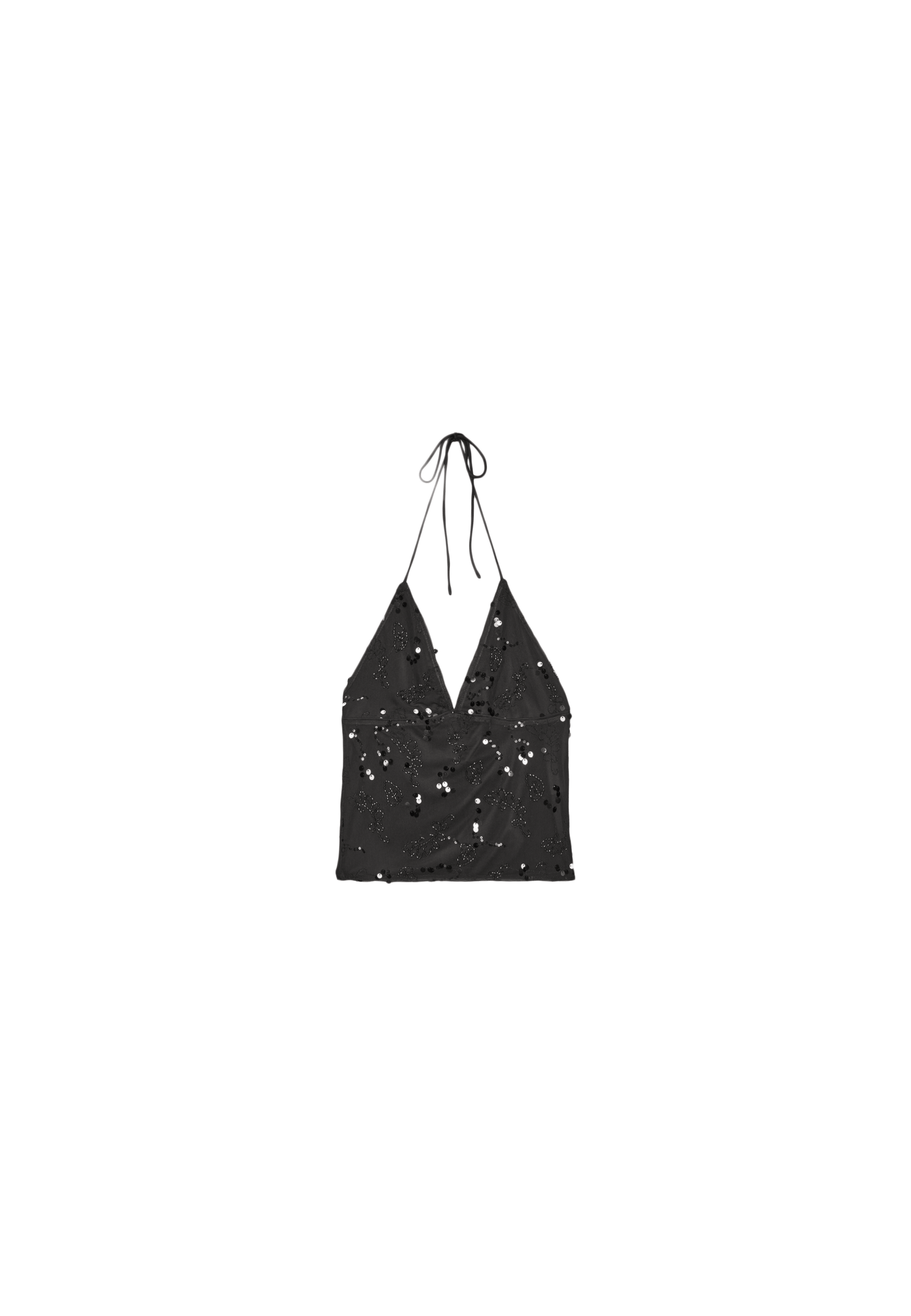 Embroidered sequin halter top — Black