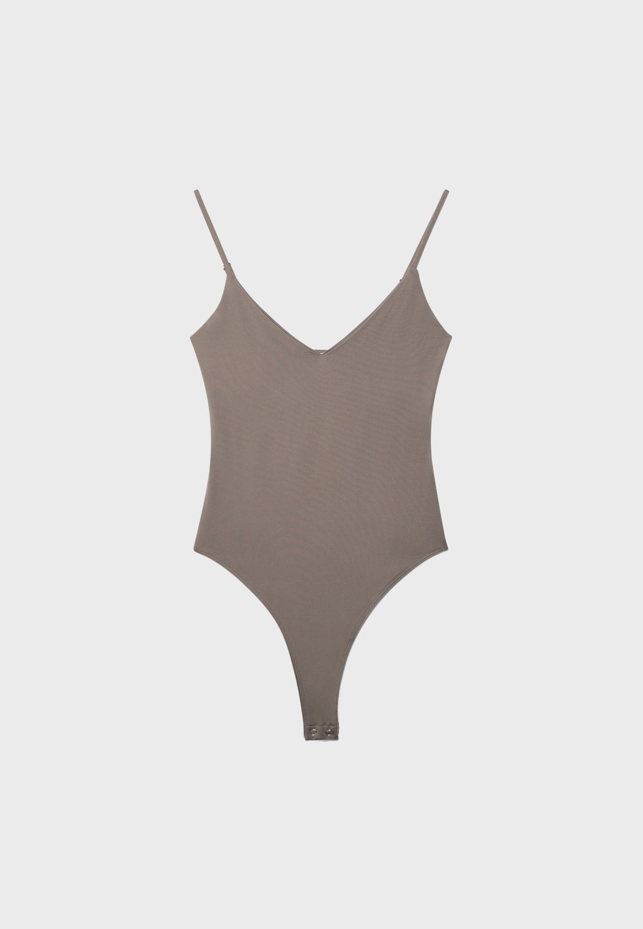 V-neck bodysuit with straps — Brown