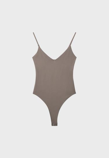 V-neck bodysuit with straps — Brown 7