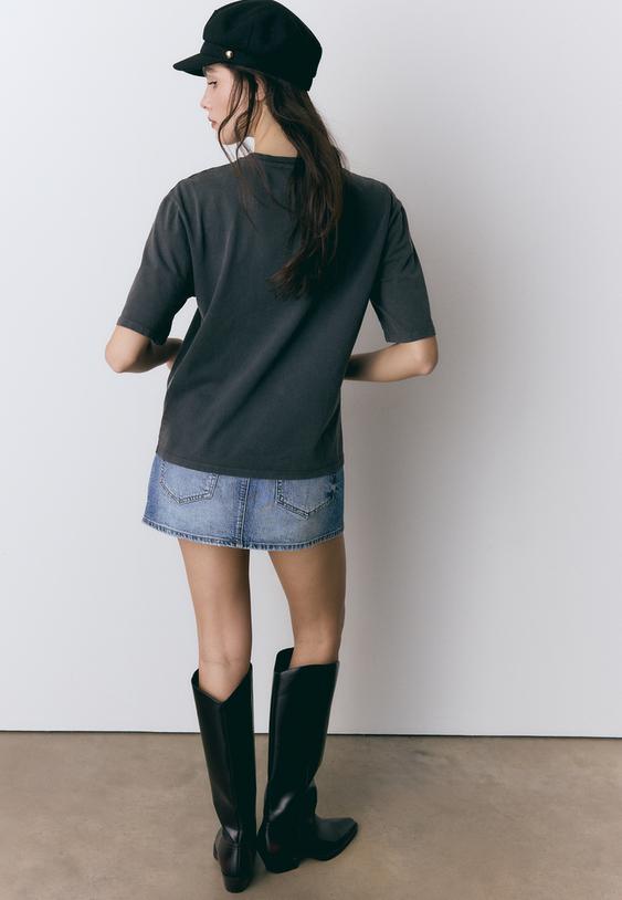 Stradivarius Κοντομάνικη Μπλούζα Με Στάμπα Ανθρακί S