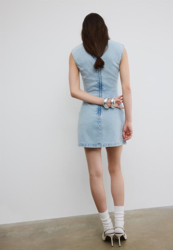 Stradivarius Short Denim Rhinestone Dress Medium Light Blue Denim L