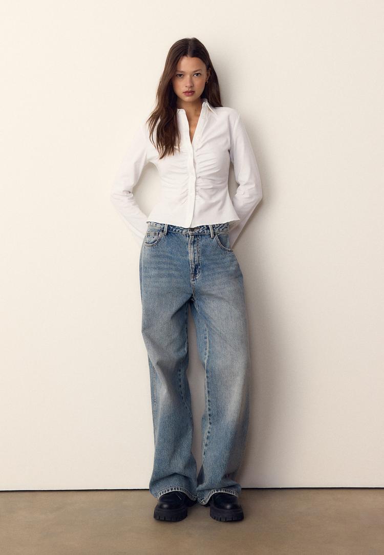 Stradivarius Jednobarevná Košile S Řasením White L