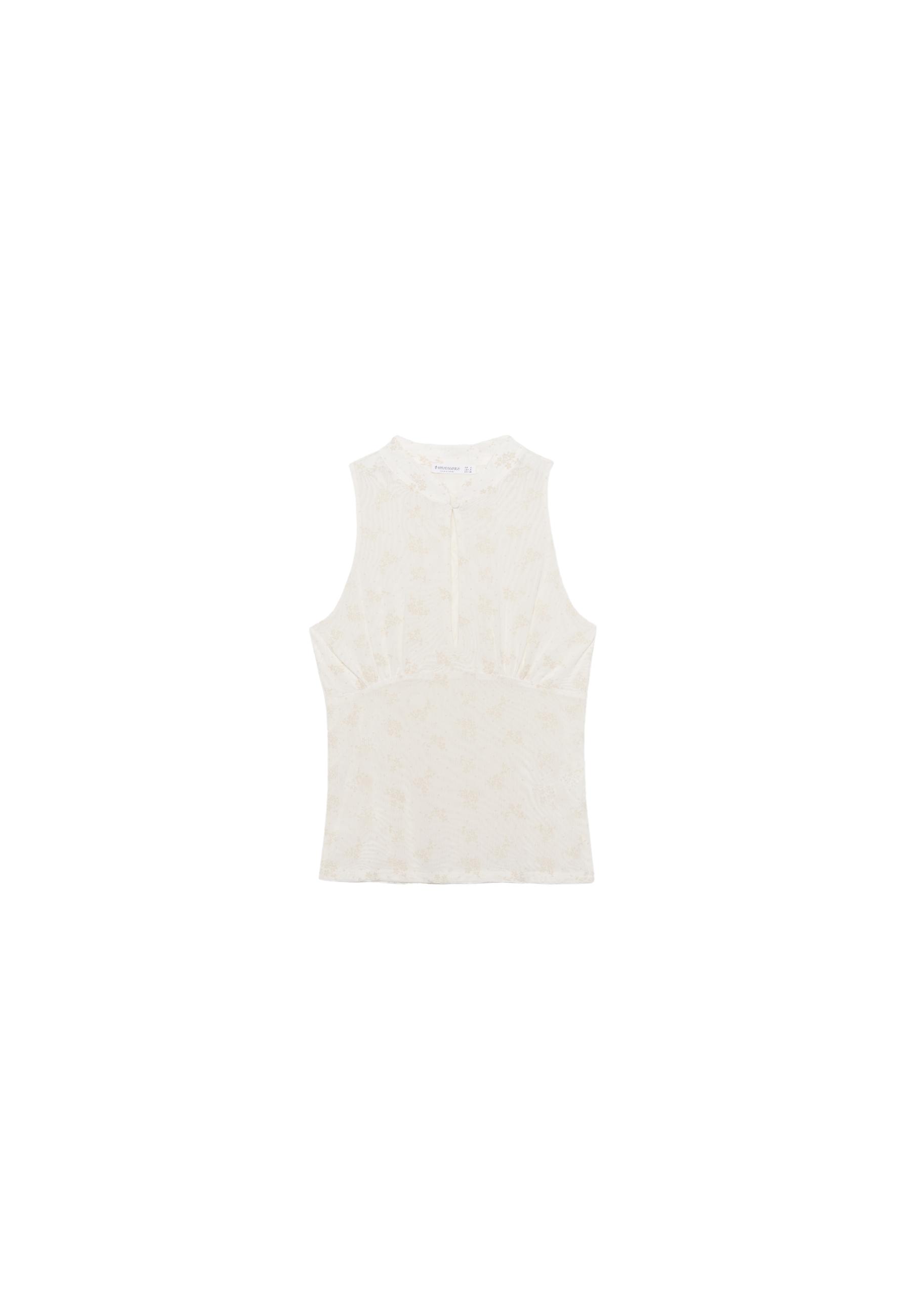 Sleeveless stand collar top with split — Ecru