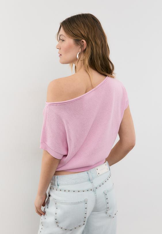 Stradivarius Rustic Knit Boat Neck Top Pastel Pink L