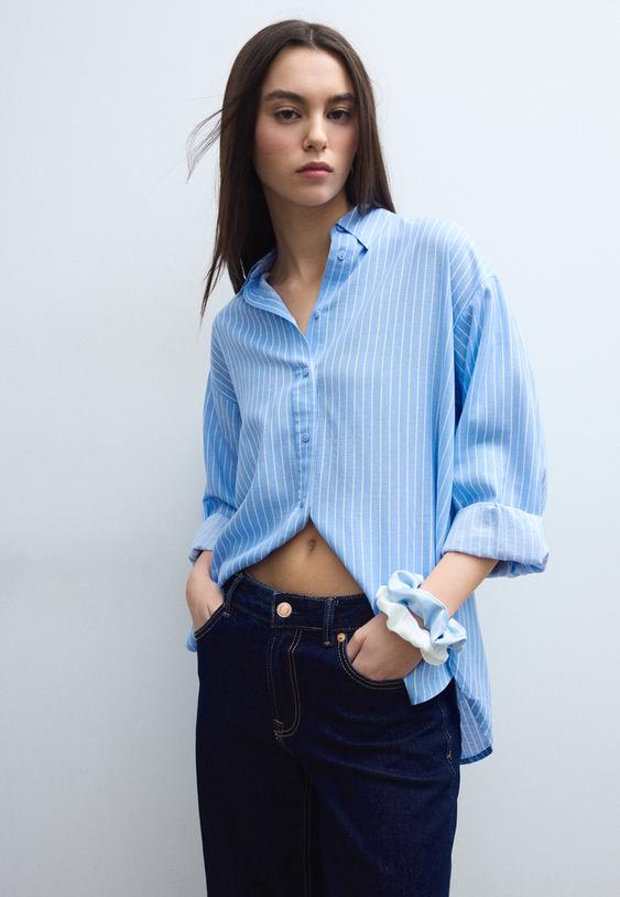 Stradivarius Linen-Effect Shirt Sky Blue M