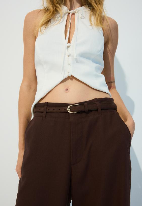 Stradivarius Linen-Effect Straight-Leg Trousers With Belt Brown 14