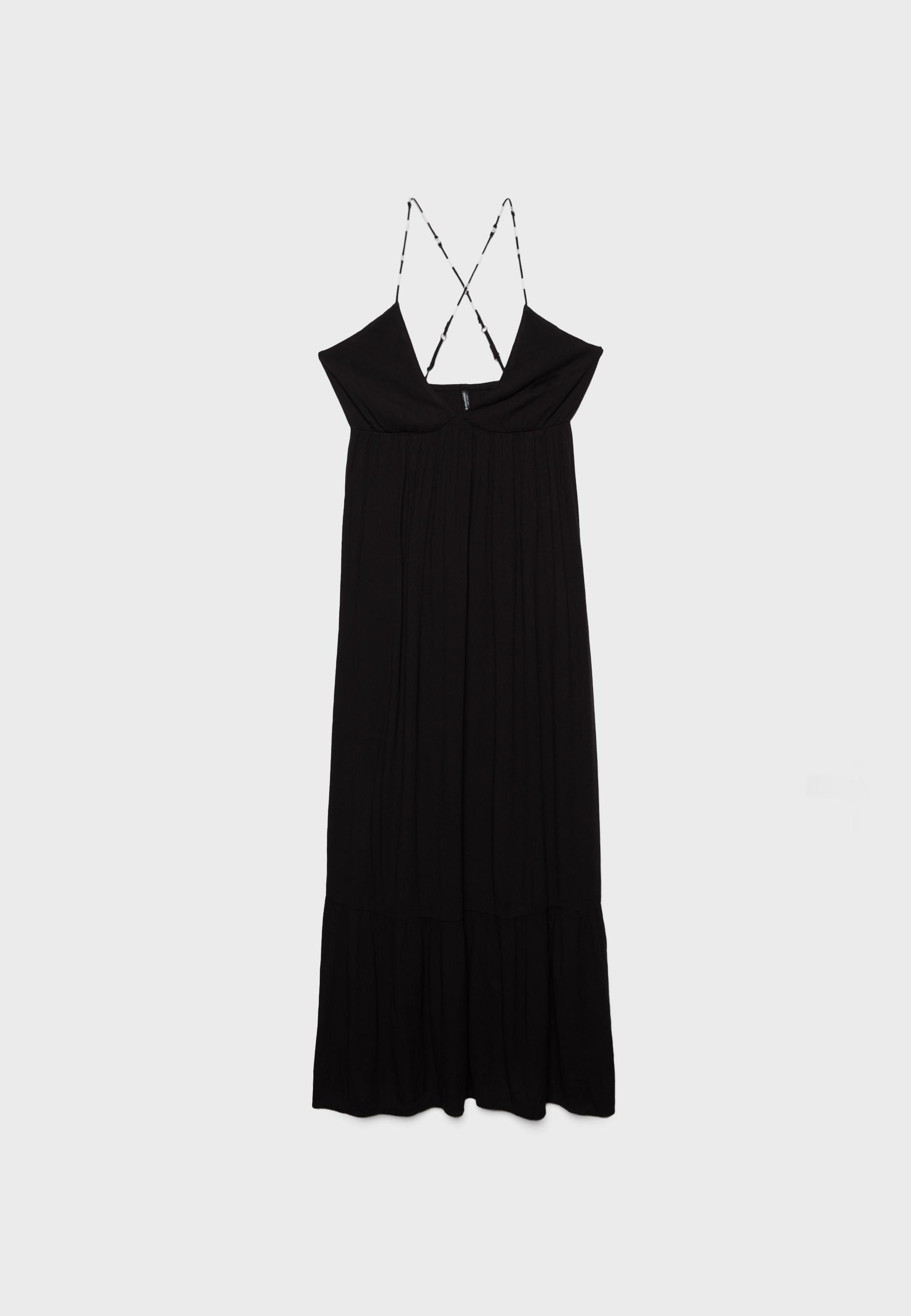 Long crepe dress with beading straps — Black