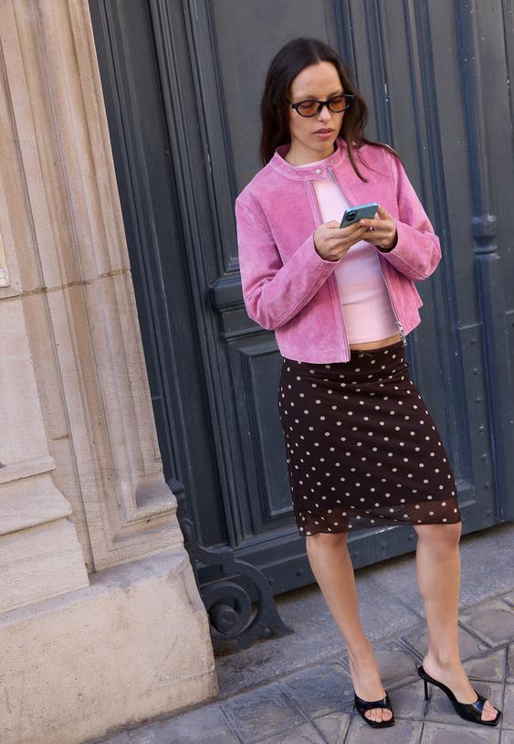 Stradivarius 100% Leather Biker Jacket Bubblegum Pink S