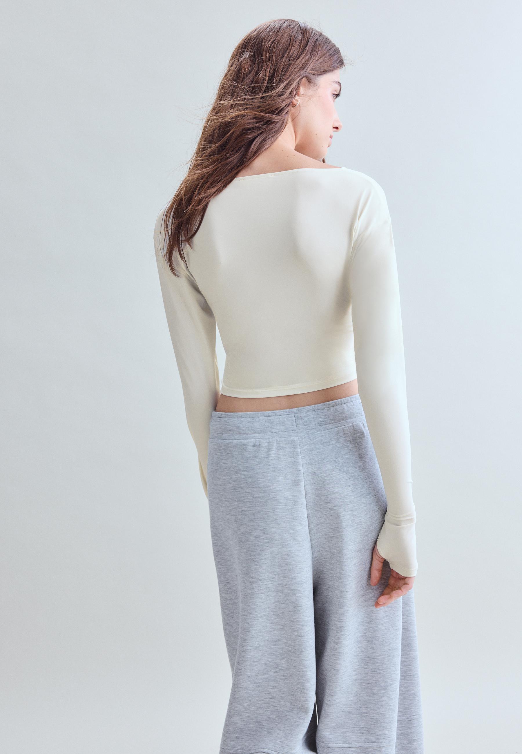 Long sleeve gathered polyamide T-shirt — Ecru