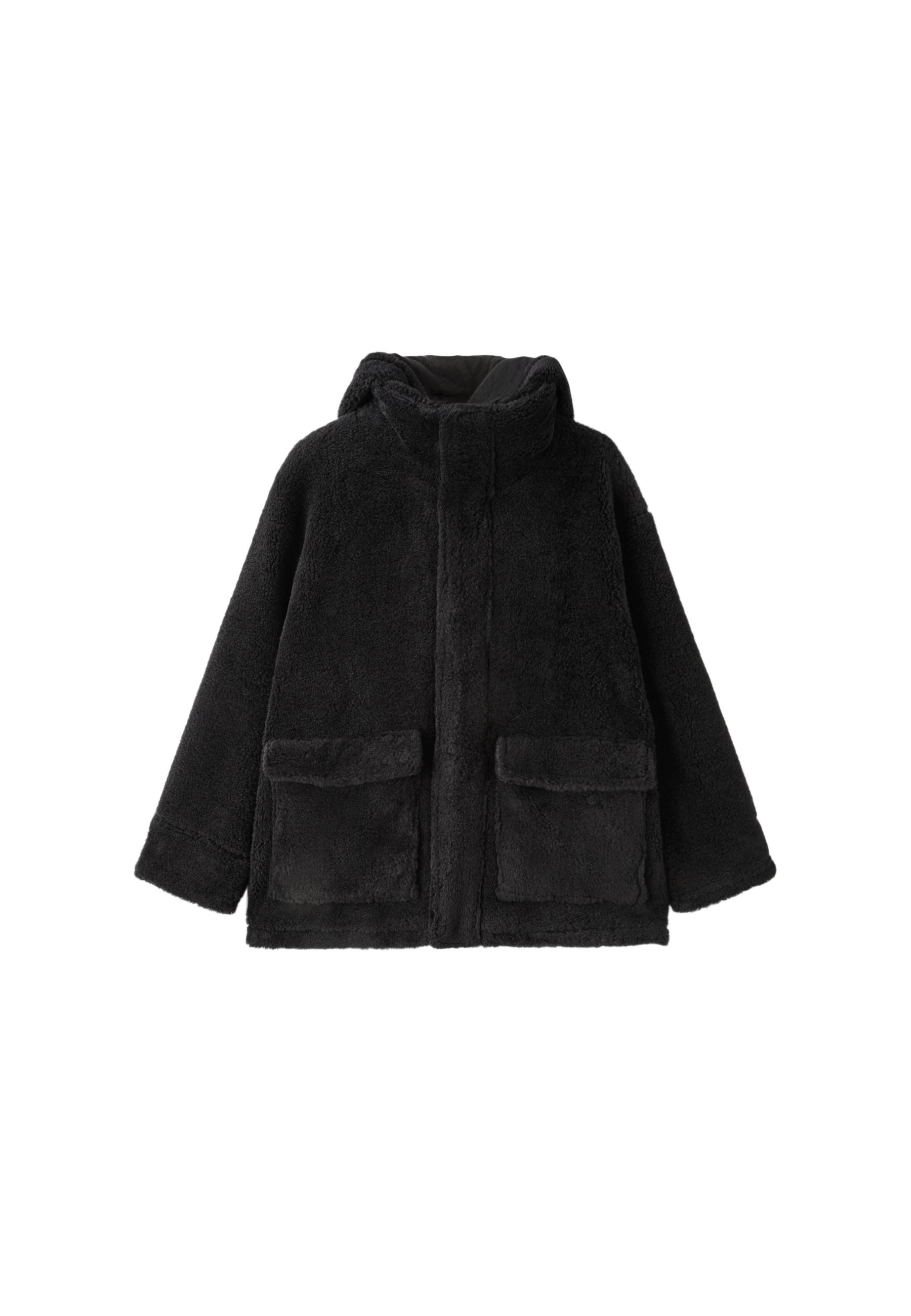 Faux sheepskin-effect hooded coat — Dark grey