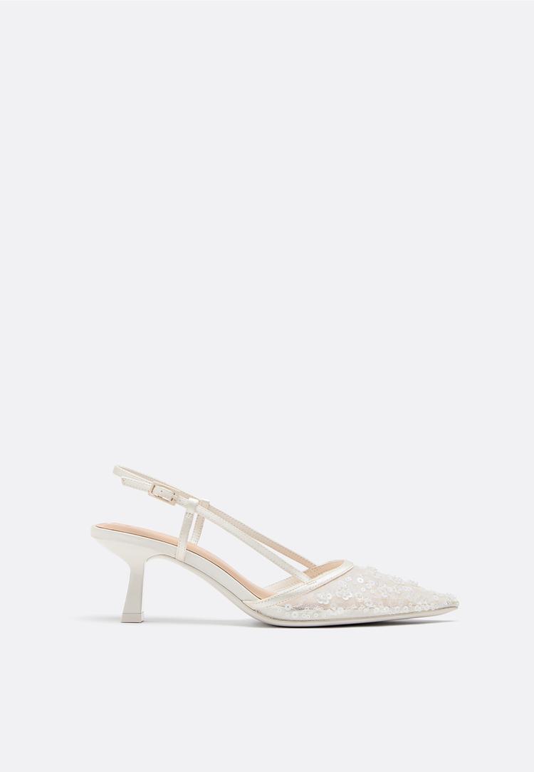 Stradivarius Kitten Heel Παπούτσια Από Τούλινο Με Στρας Μπεζ 35