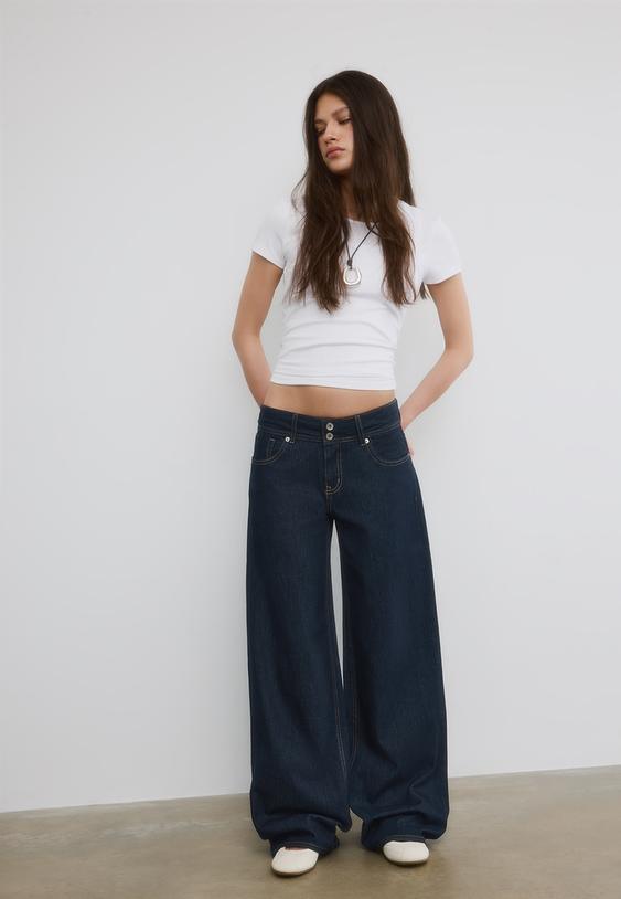 Stradivarius Low-Waist Double-Button Jeans Rinse Blue Denim 6