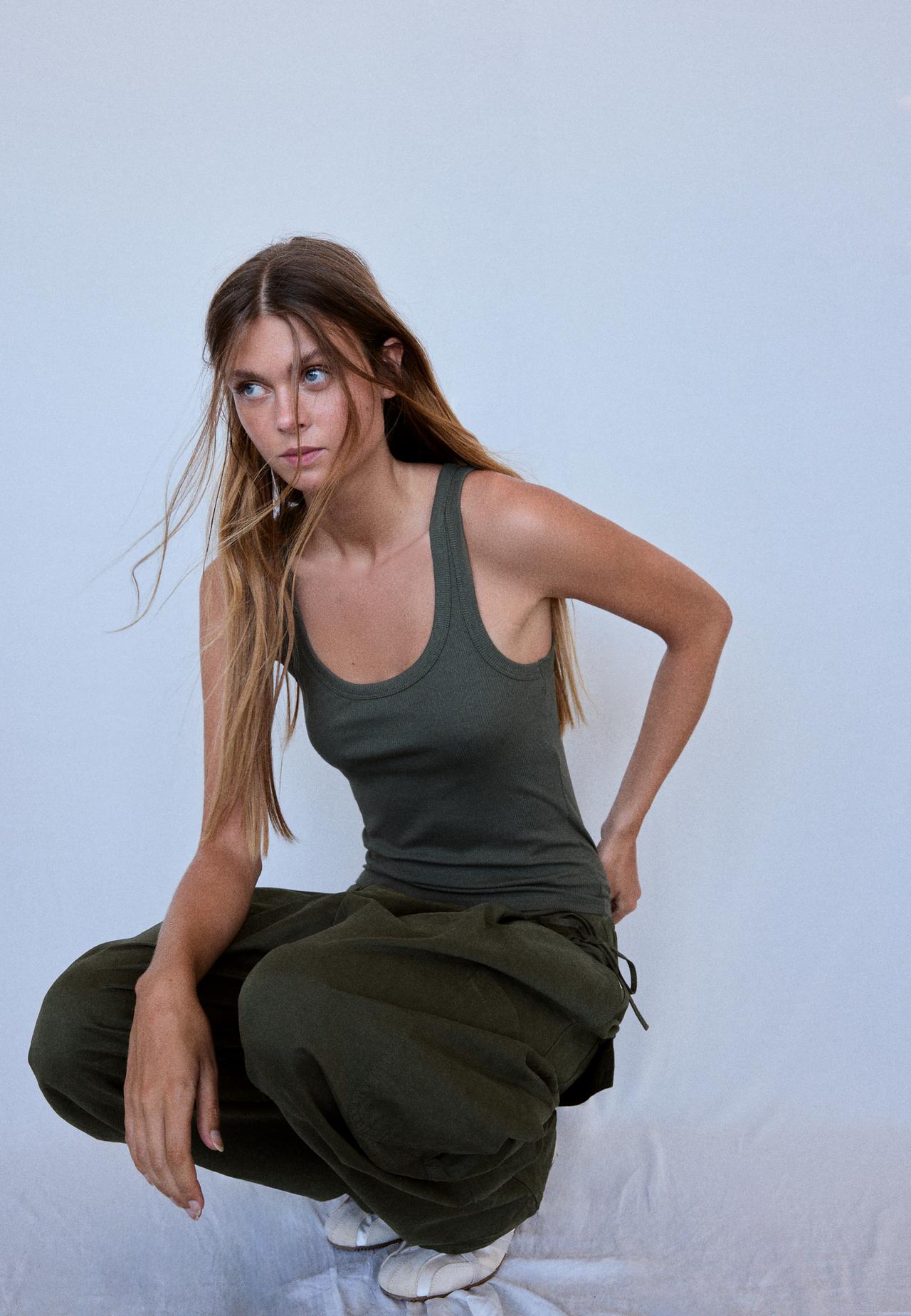 Cotton ribbed racerback T-shirt — Khaki