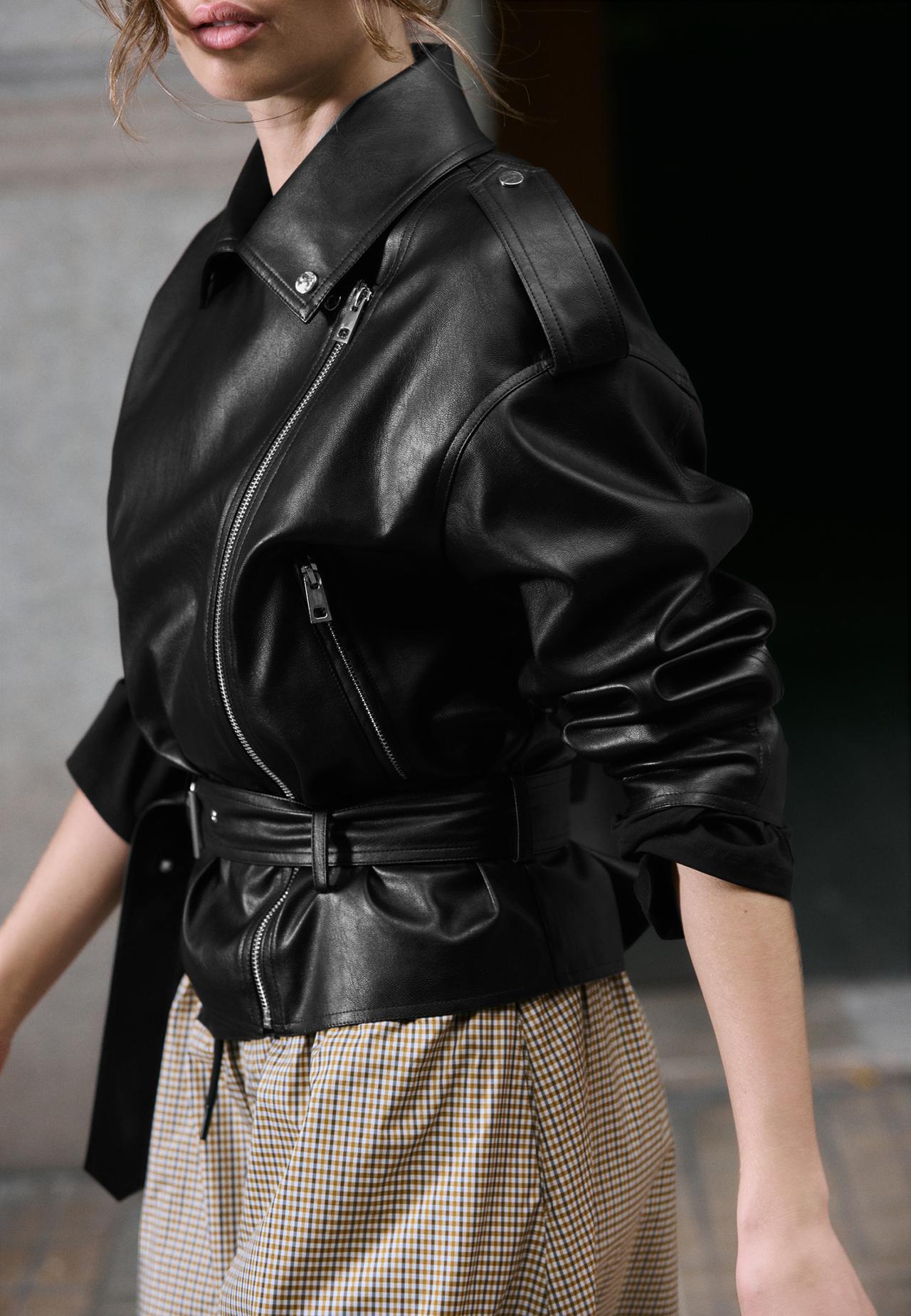 Leather effect biker jacket with belt — Black