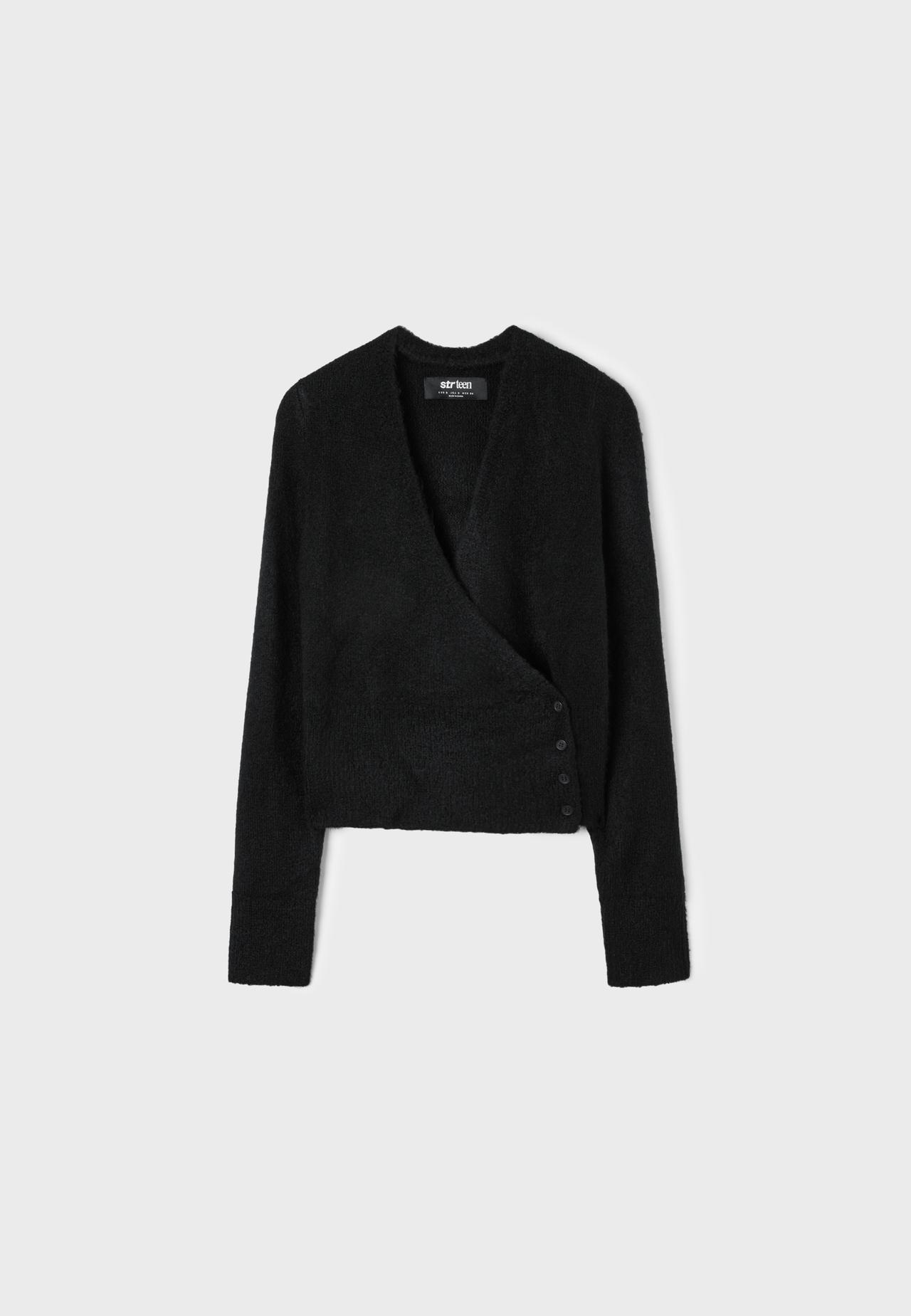 Cross-over button knit cardigan — Black