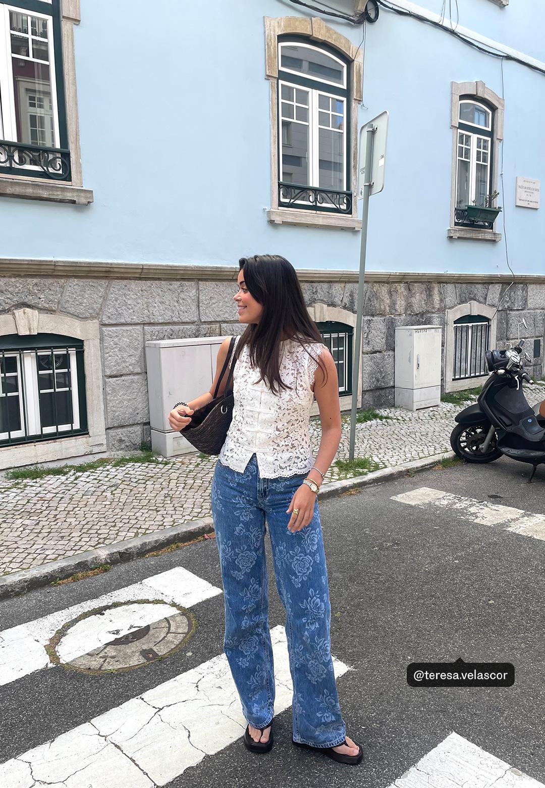 Lazer çiçek desenli straight fit jean - Görsel 5