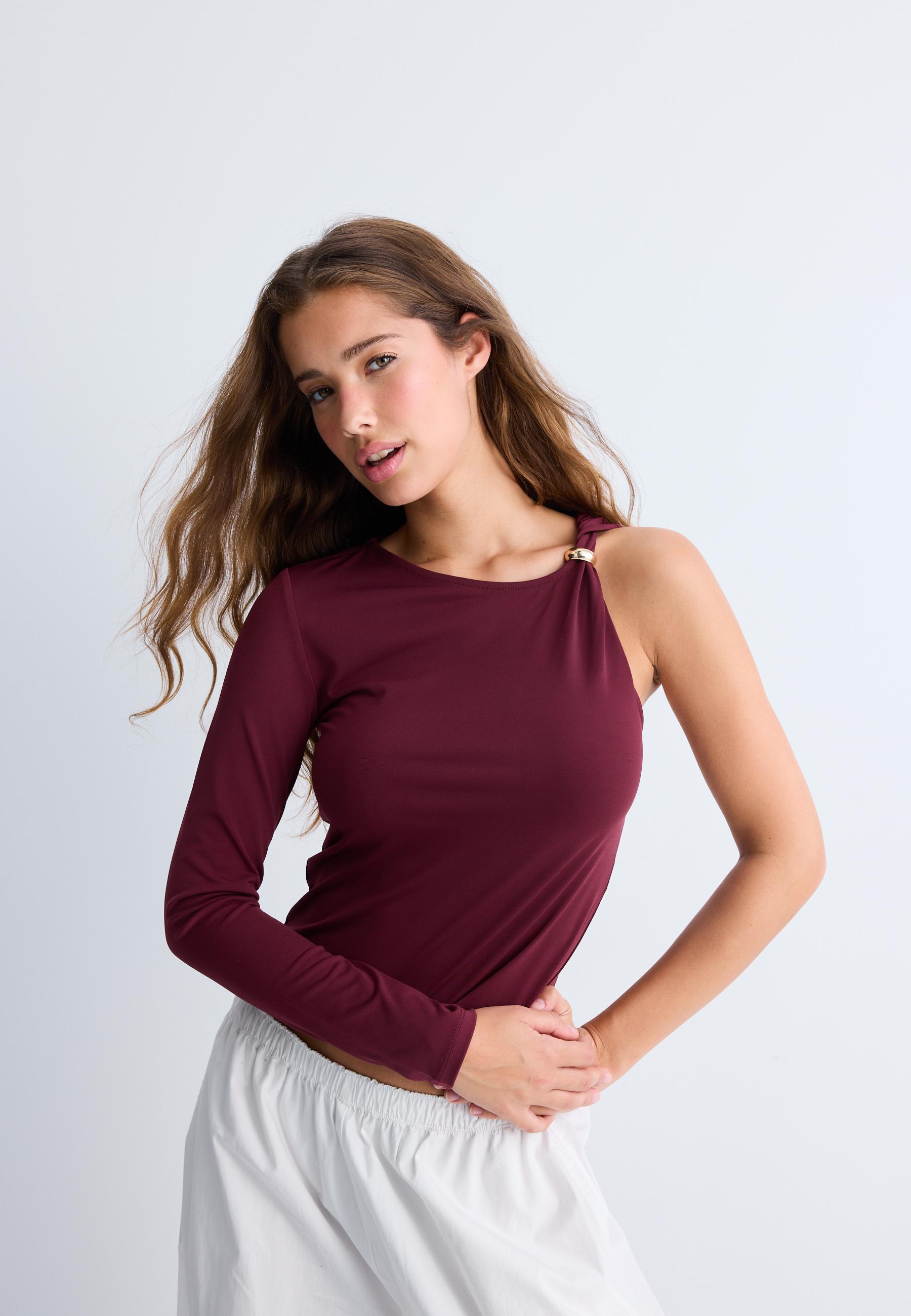 Asymmetric T-shirt with metal buckle — Purple
