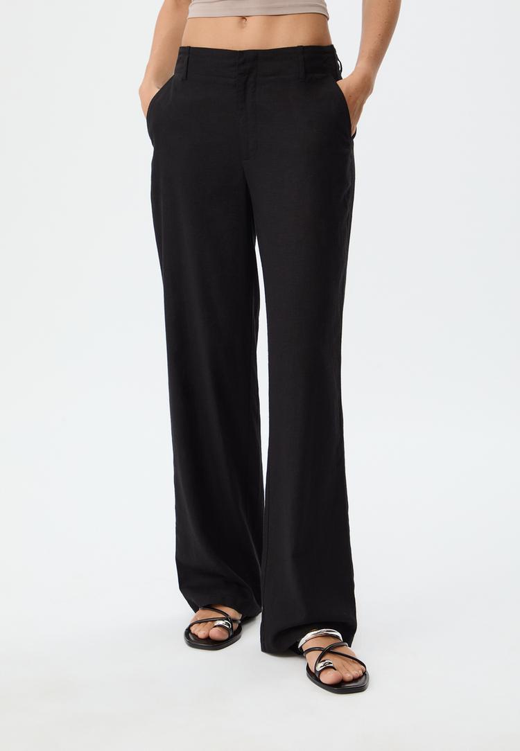 flowing linen blend straight leg trousers