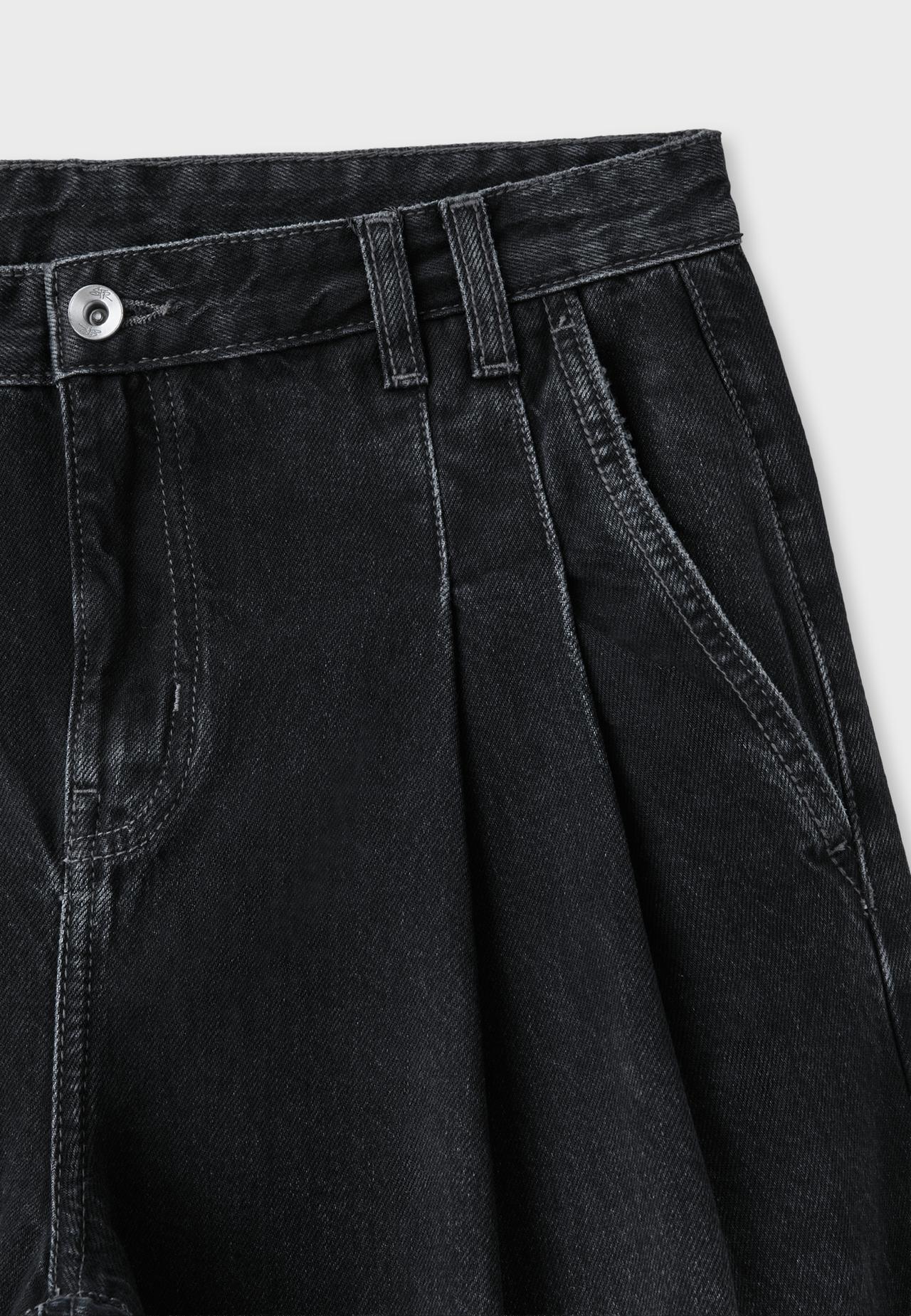 Wide-leg pleated jeans — BLACK DENIM WASHED EFFECT 